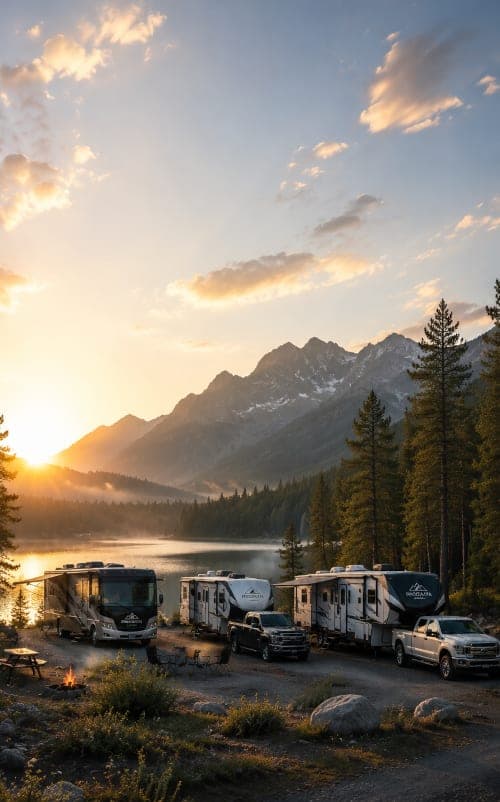 Mountain campsite with RVs at sunrise