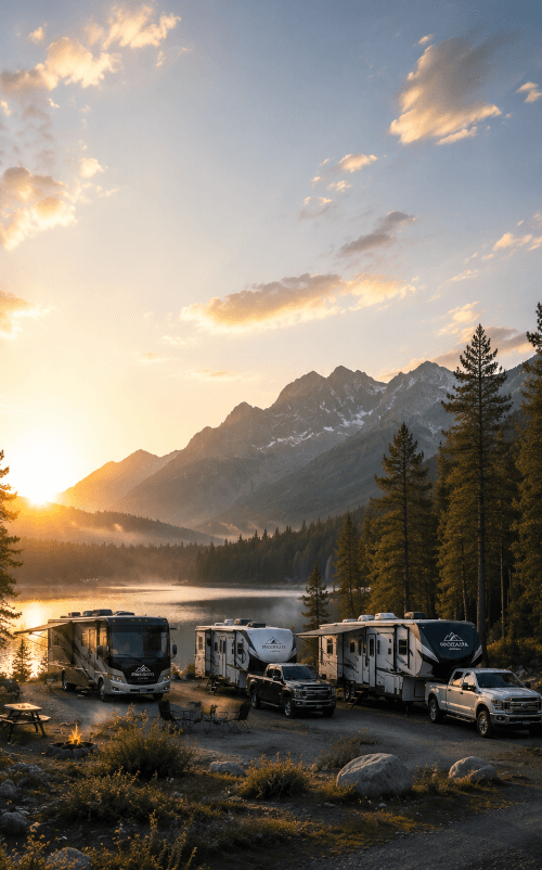 Mountain campsite with RVs at sunrise